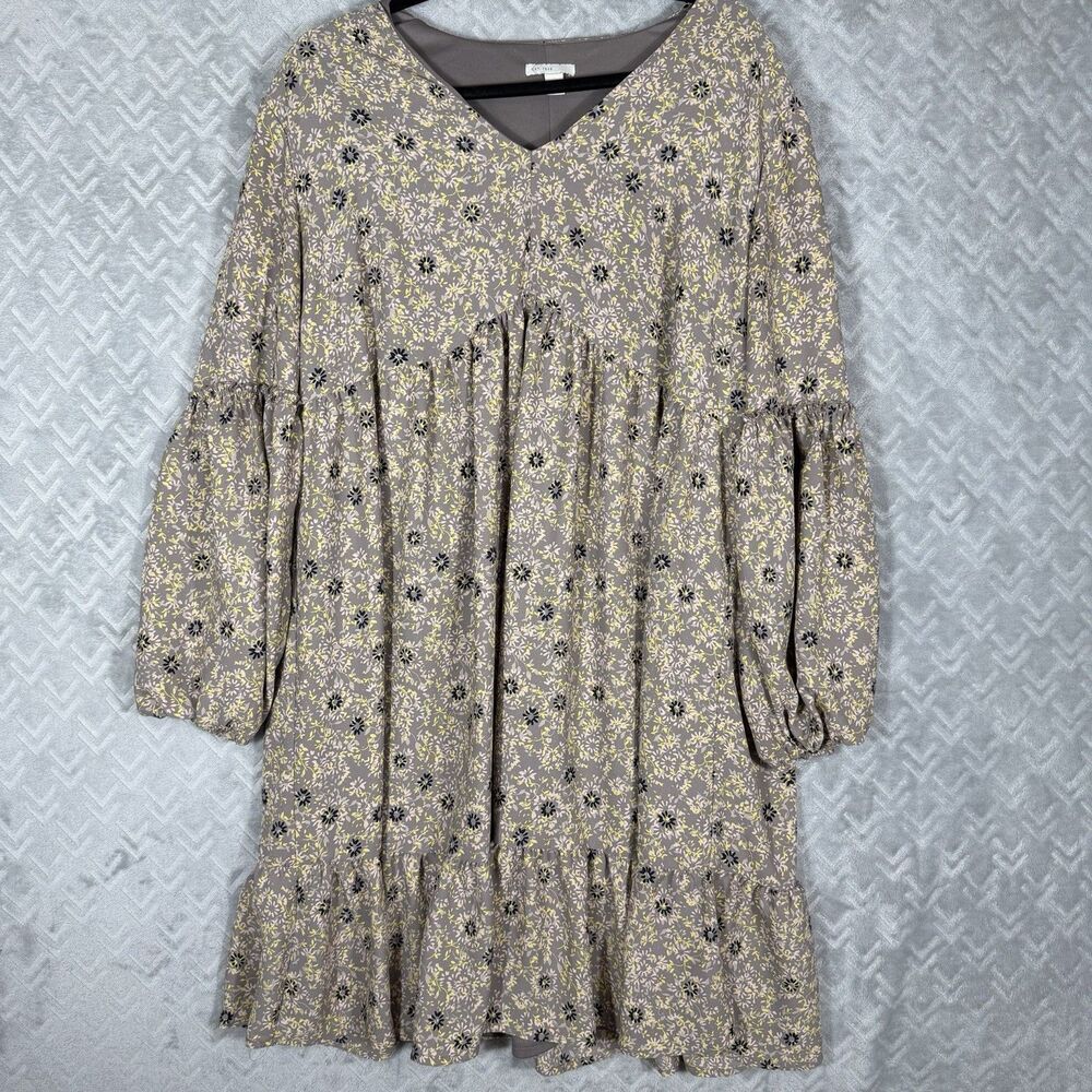 Cato Gray & Yellow Floral Tiered Dress Size 14/16 Balloon Sleeve Cottage Core